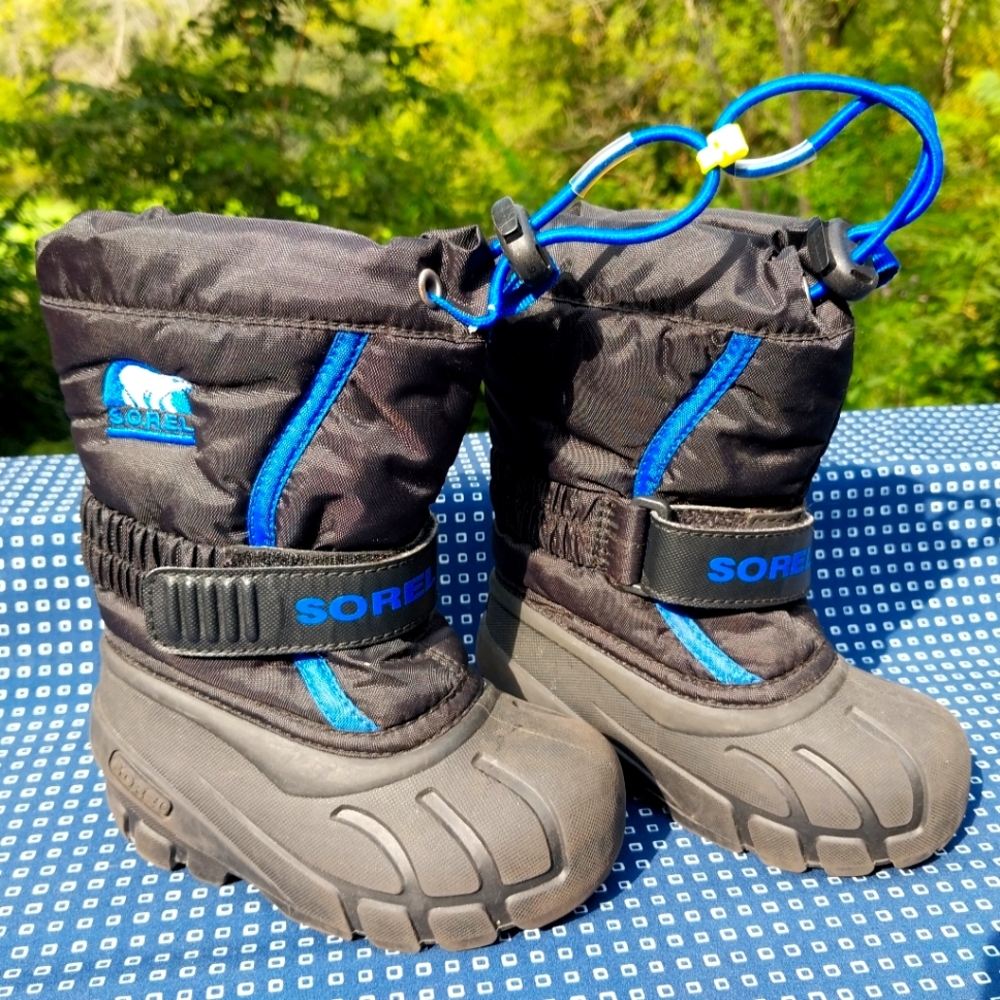 Sorel Toddler Boys Winter Snow Boots Size 6-7 Black Blue Insulated & Waterproof
